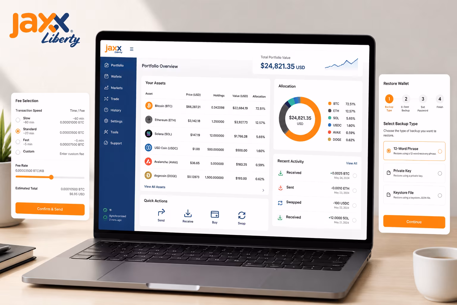 Jaxx Liberty wallet dashboard showing portfolio fee selection and restore workflow