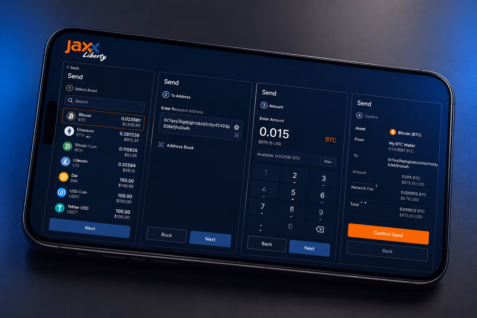 Jaxx Liberty send screen showing asset selection and confirmation