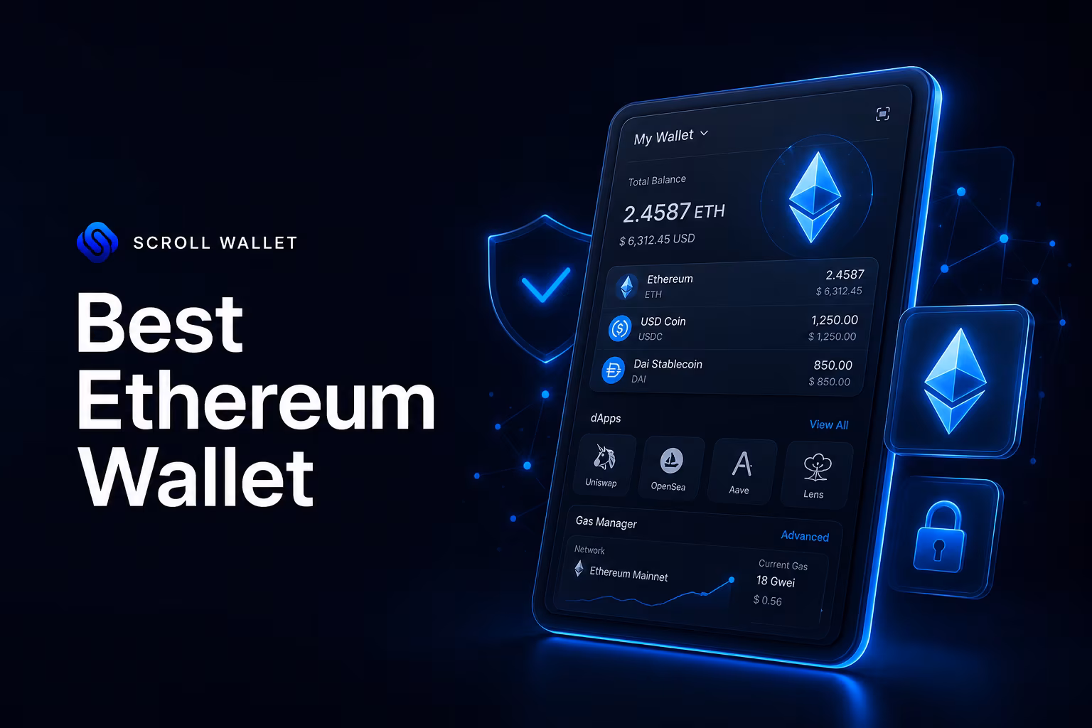 Modern Ethereum wallet interface showing token balances and dApp access