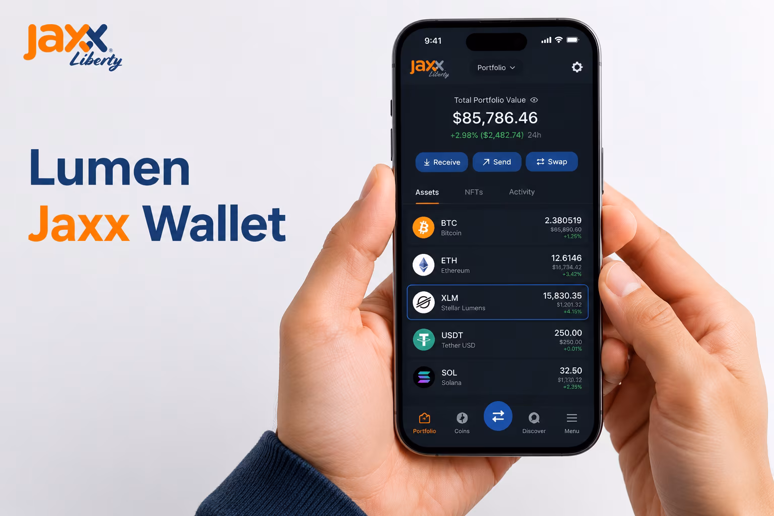 Jaxx Liberty dashboard showing XLM balance among crypto assets