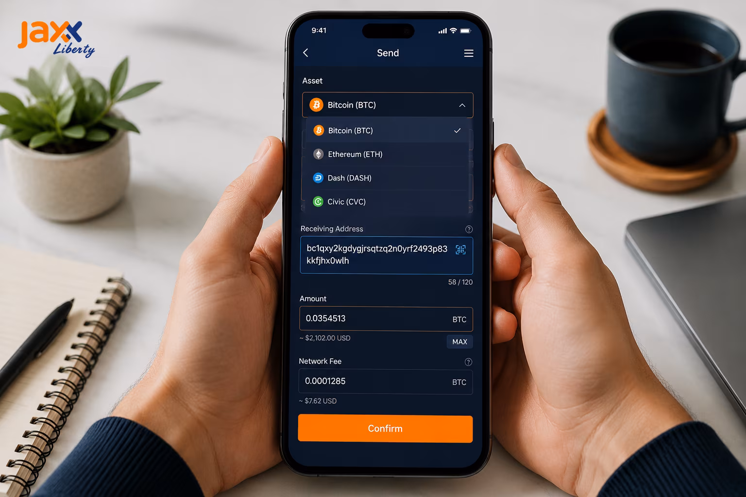 Selecting crypto asset and pasting receiving address in Jaxx Liberty