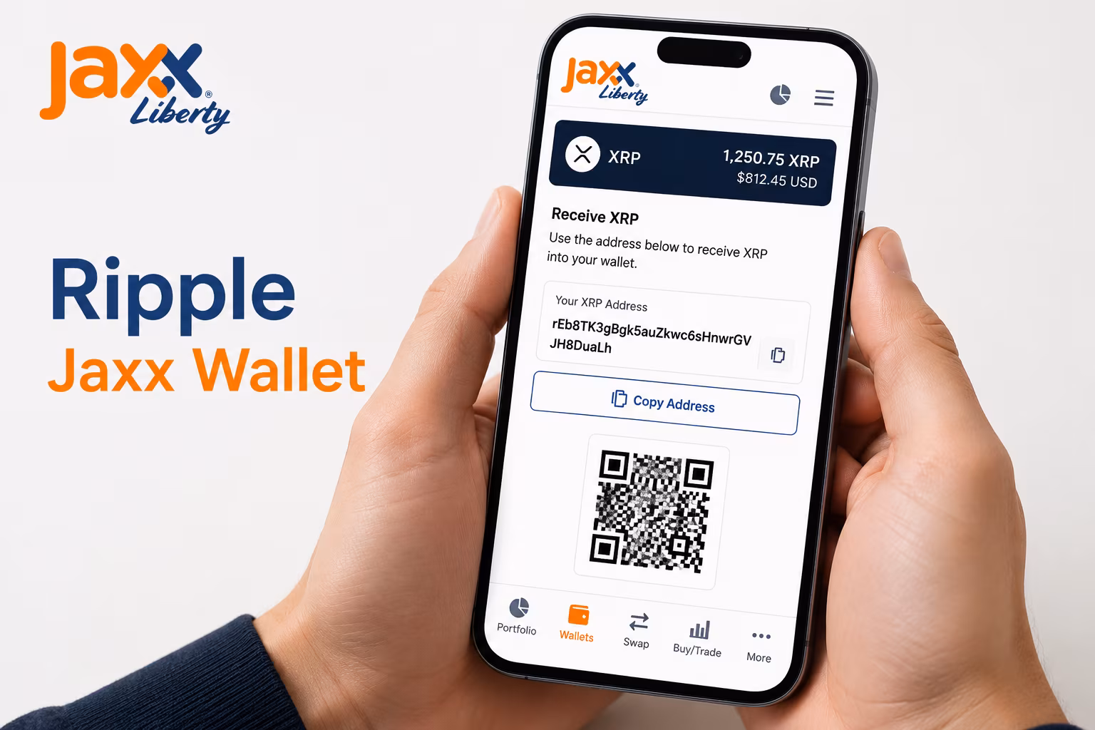 XRP receiving address copy button and QR code in Jaxx Liberty