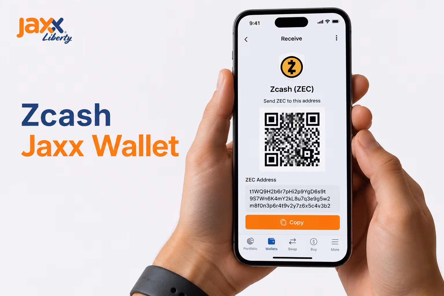 Jaxx Liberty wallet receive screen showing ZEC address and QR code