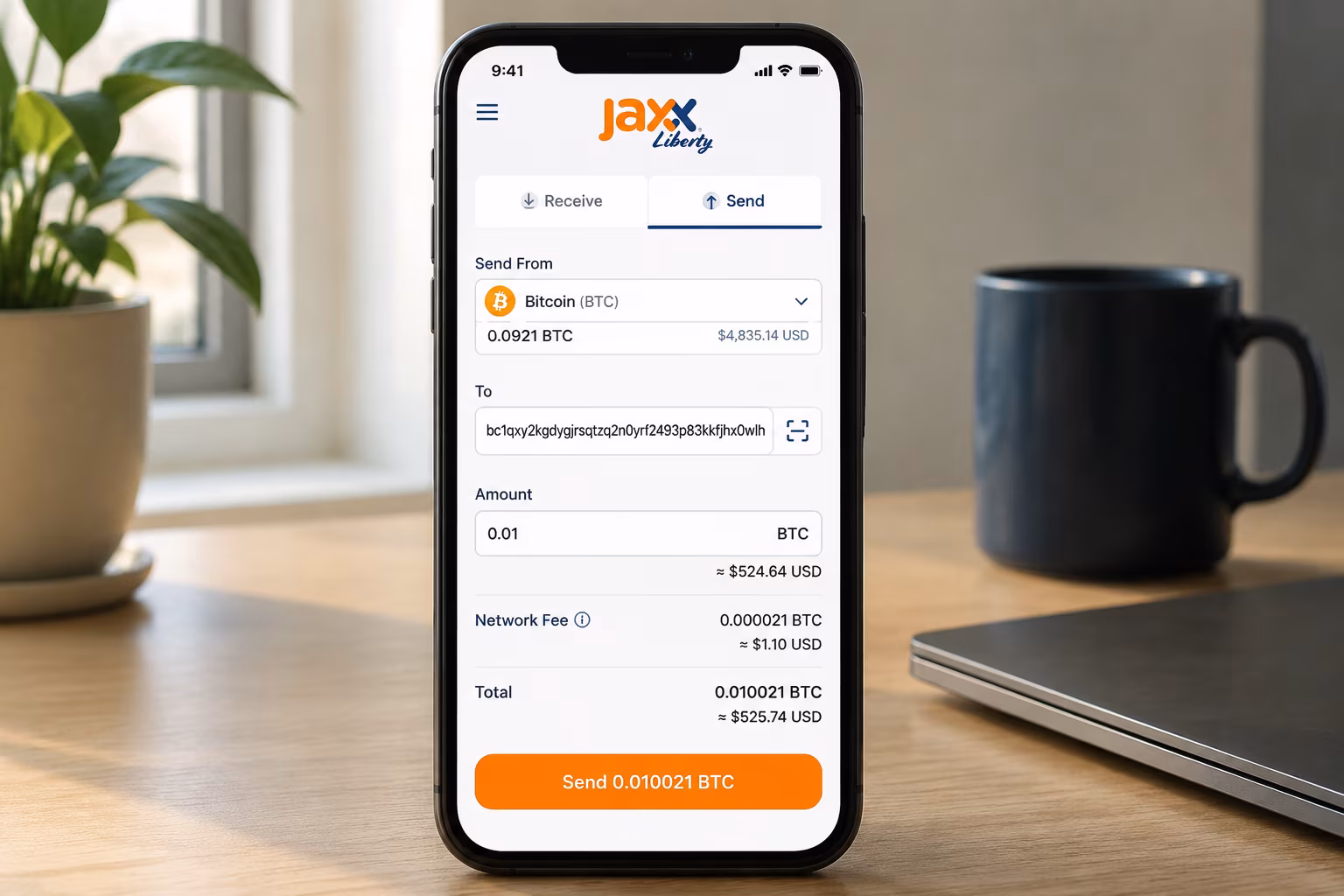 Jaxx Liberty send screen showing coin selector and transfer confirmation