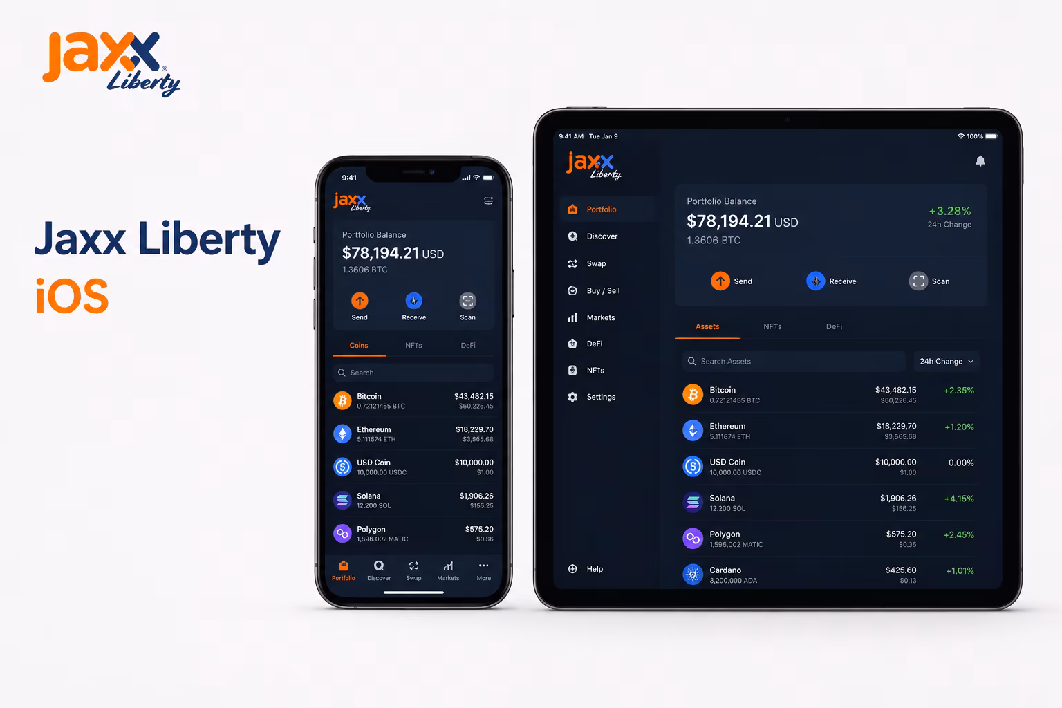 Jaxx Liberty iOS wallet dashboard showing send receive and QR actions