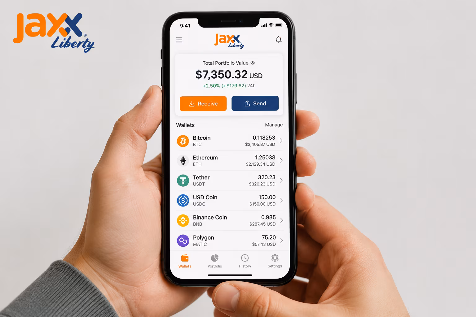 Jaxx Liberty dashboard showing asset list and total balance