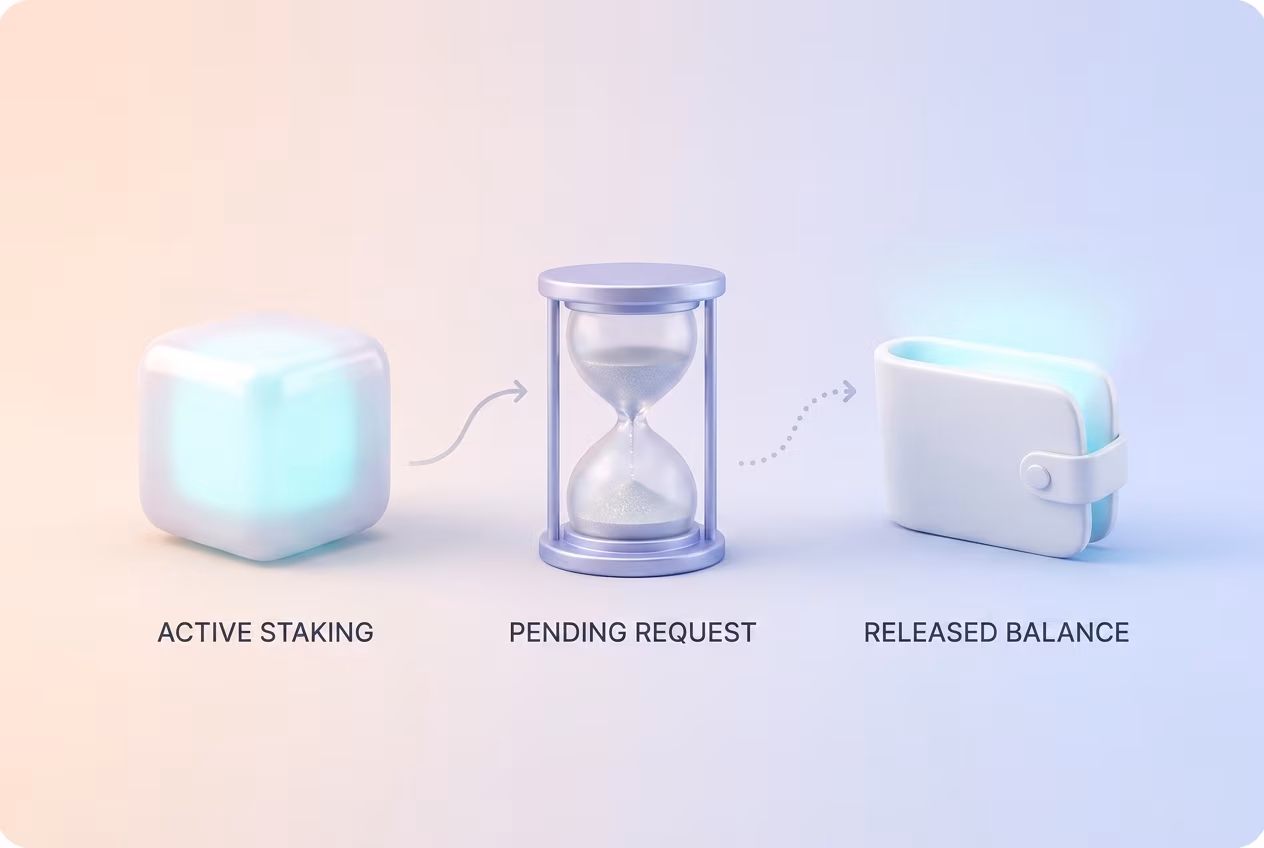 Timeline showing staking stages from active to released wallet balance